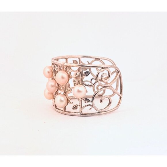 **Vintage 925 Sterling Silver Cuff Bracelet w/ Pearls & Leaf Filigree, Size 6” - Picture 4 of 9